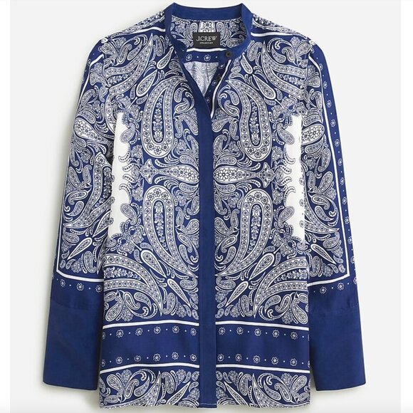 J. Crew Collection Women's Size 12 collarless classic-fit shirt Paisley Blue - Picture 1 of 6